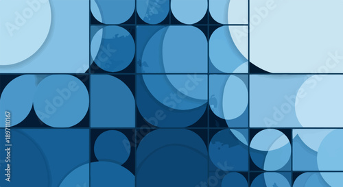 Geometric abstract with overlapping circles and squares in varying shades of blue