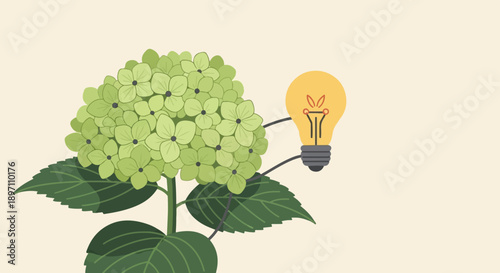 Green hydrangea flower connected to a lit lightbulb, symbol of idea