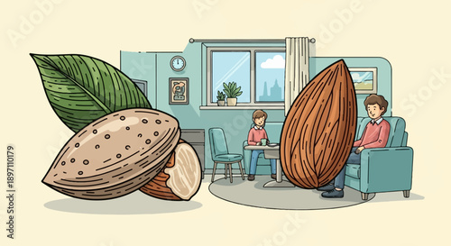 Giant almond and people in a cozy living room scene