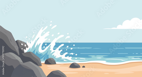 Gentle waves crash on a sandy beach with large rocks under a clear sky