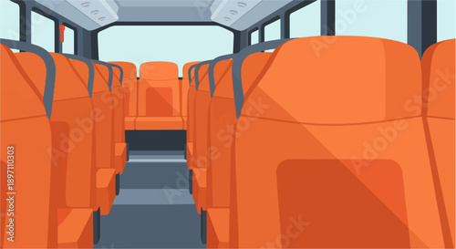 Inside a bus, showing rows of empty orange seats and an aisle