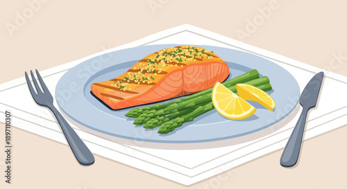 Grilled salmon with asparagus and lemon slices on a plate