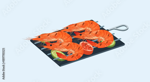 Grilled shrimp with lime and tomato on a skewer