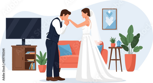 Groom kisses bride's hand in living room