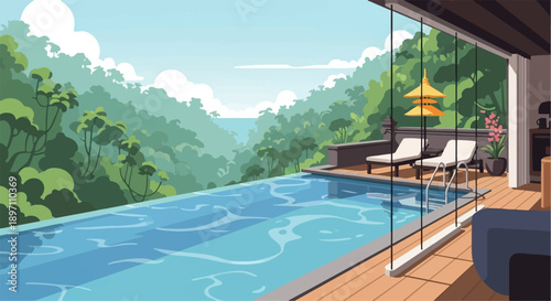 Infinity pool overlooking lush tropical forest and distant ocean horizon