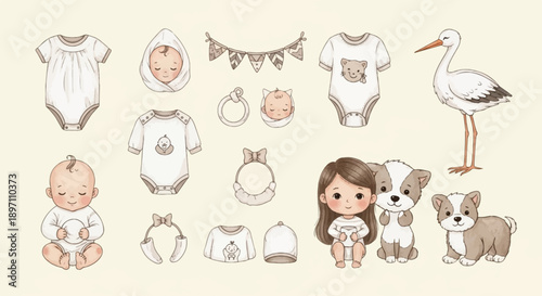 Gentle baby clothes, toys, pets, and stork in pastel watercolor style