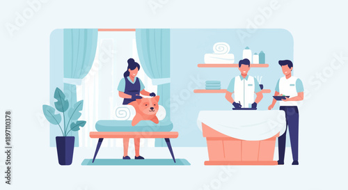 Groomers attending to a dog and preparing for services