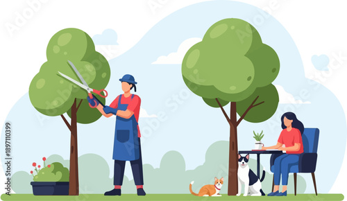 Gardener trims tree, while person relaxes with pets under a tree