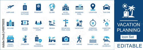 Vacation planning and travel icon set featuring flight, hotel, camping, and beach activities. Minimalist blue linear icons for tourism, holiday booking, and summer adventures.