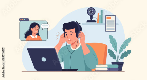 Frustrated person on video call with a colleague, experiencing communication issues