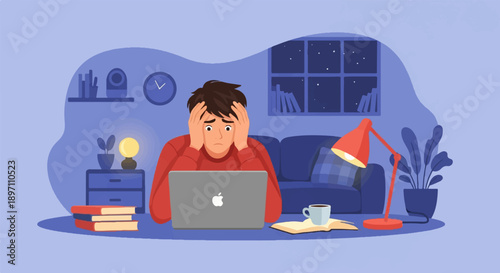 Frustrated person working late on laptop at home, surrounded by books