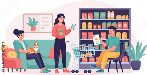 Friends shopping for groceries together with a dog on a couch