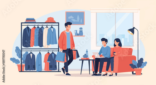 Friends shopping for clothes and relaxing indoors