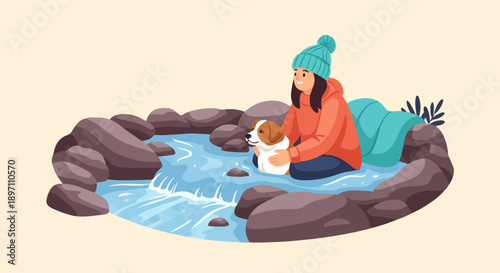 Happy person with dog in a stream, surrounded by rocks and foliage