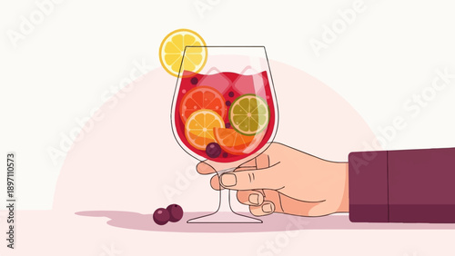Hand holding a glass of fruit-filled beverage