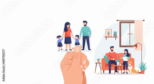 Hand holding a family cutout over a living room scene with a couple, dog, and plants