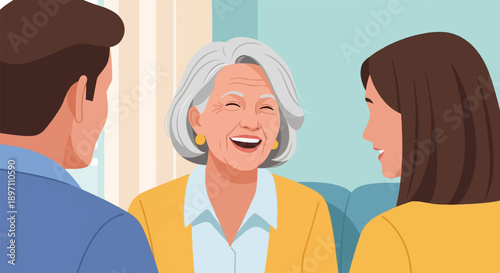 Happy senior woman laughing with younger man and woman on couch