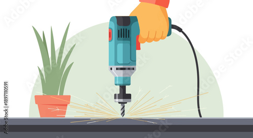Hand holding drill, sparks flying, plant in pot