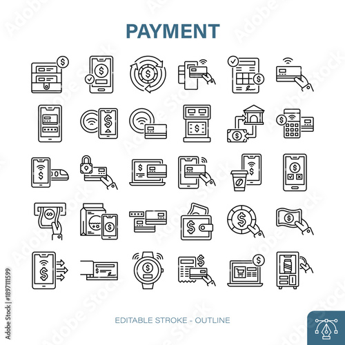Payment Methods Outline Icon Set Vector. mobile, online, card, money, transaction, finance