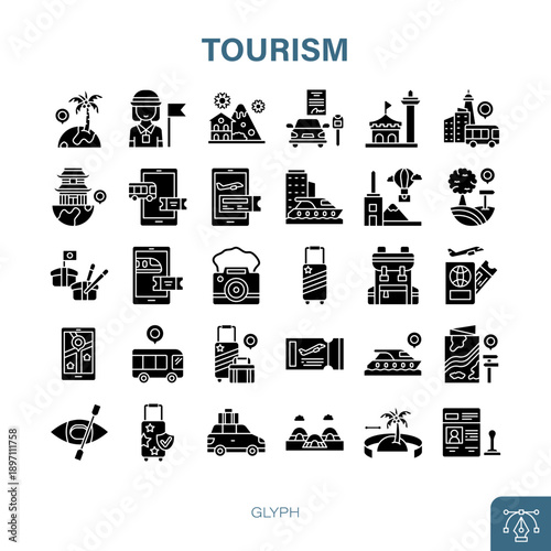 Tourism Glyph Icon Set. tourism, travel, holiday, vacation, journey, trip, adventure, landmark