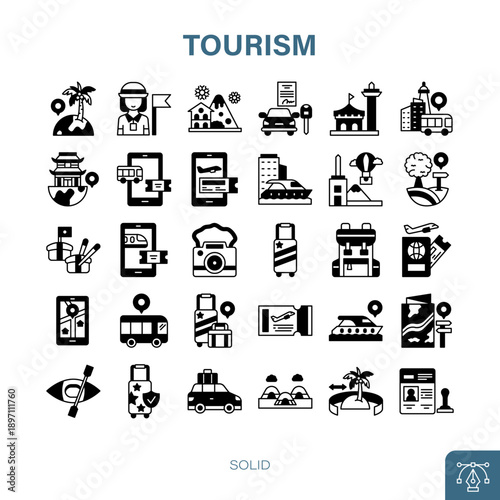 Tourism Solid Icon Set. tourism, travel, holiday, vacation, journey, trip, adventure, landmark