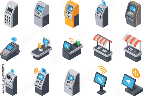 Isometric Financial Technology Set with ATM Machines Point of Sale Terminals Self-Checkout Kiosks and Contactless Payment Systems for Digital Banking and Modern Retail Design
