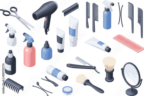 Professional Isometric Barber Shop Icon Set with Hair Dryers Scissors Combs Shaving Brushes Straight Razors and Hair Care Product Bottles for Beauty Salon and Grooming Design
