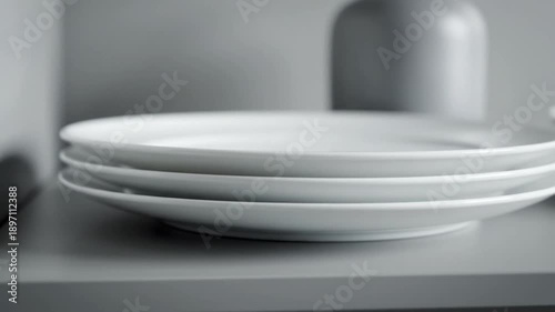Minimalist Stacks Of White Dinner Plates On A Grey Shelf