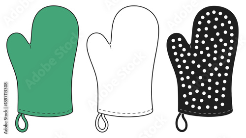 Three Oven Mitts: Green, Outline, and Polka Dot