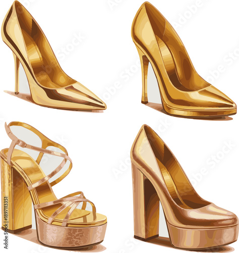 Create a kinds of deferent realistic Gold High heel shoe 3d illustration vector art with white background.