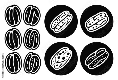 Stylized Icons of Coffee Beans and Pecans in Black and White