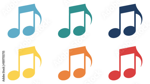 Six colorful musical notes arranged in two rows on a white background