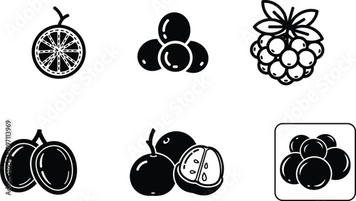 A collection of fruit icons including a cut orange a cluster of three grapes a single raspberry two plums a cut plum and a cluster of three blackberries