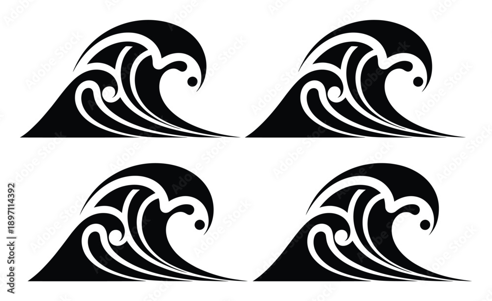 Fototapeta premium Four stylized black wave illustrations on a white background