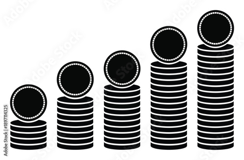 Growing Stacks of Black Coins on White Background, Representing Financial Growth