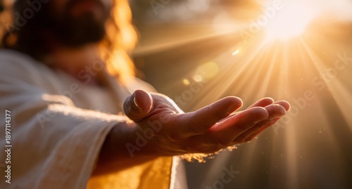 Religious Figure in White Robe Holding Out Hand with Sunlight Rays in Background
