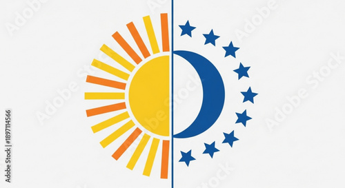 Sun and Moon Icon with Stars on White Background