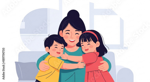 Happy Mother Hugging Children at Home, Cartoon Illustration