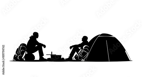 Two hikers resting at a campsite with a tent and backpacks.