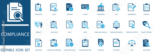 compliance icon set. Features policy, audit, ethics, and legal icons for business governance, quality control, and standard procedures. Blue flat style.