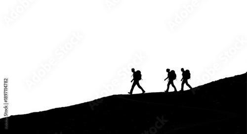 Three hikers with backpacks walking up a hill silhouette.