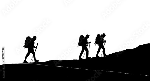 Three hikers with backpacks walking up a mountain trail.