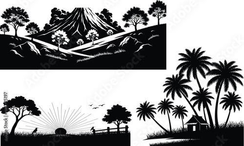 Tropical landscapes and mountain silhouettes