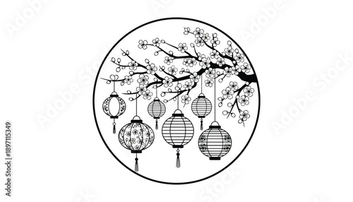 Black and white vector illustration of hanging lanterns under a blooming cherry blossom tree branch in a circle