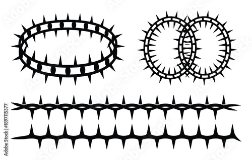 Black and white illustrations of crowns of thorns and barbed wire