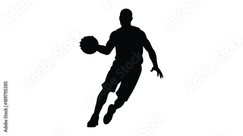a dynamic silhouette of a basketball player dribbling the ball in motion