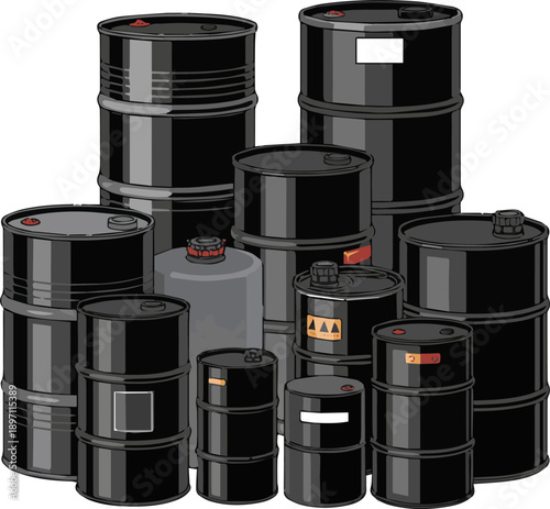 Create a realistic Classic Black metal oil barreles Drum vector art with white background.