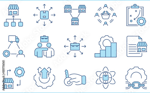 A set of flat icons related to Chain Store. Stores, link, chain, job, distribute, process, partnership, and so on.
