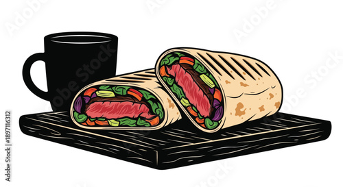 Vector illustration of a cut burrito with colorful filling and a coffee cup on a wooden tray