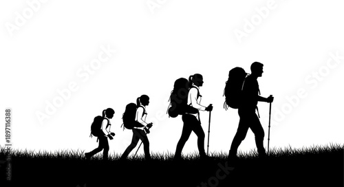 Silhouette of hikers showing human evolution progression.